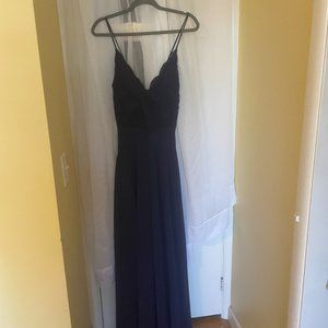 Full Length Lulus Navy Blue Gown with Lace Top and Cross Back Straps